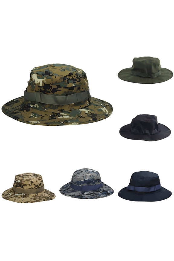 Unisex Boonie Hat, Camouflage & Coffee, Wide Brim, Adjustable Chin Strap, Quick Release, Durable Plastic Material, Compact