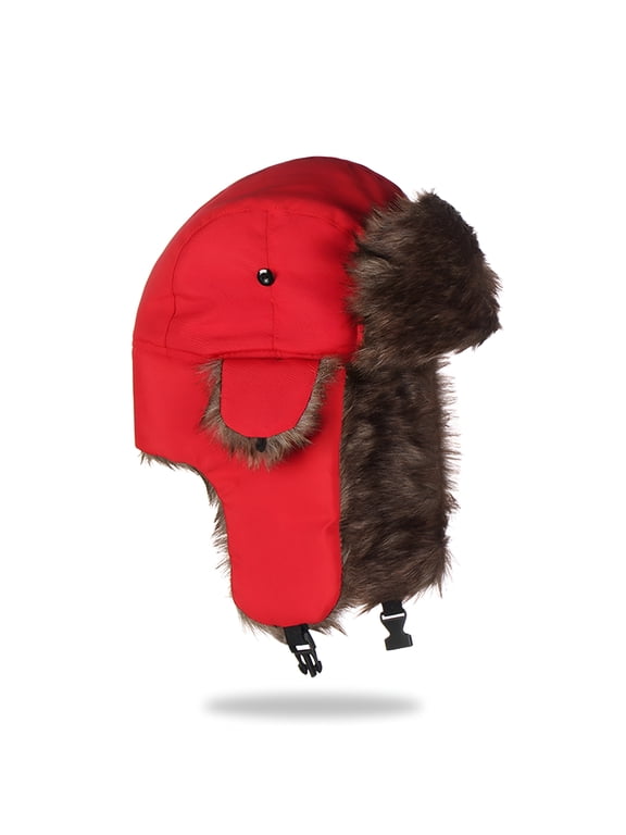 Unisex Faux Fur Lined Trapper Hat Warm Windproof Winter Russian Hat Red