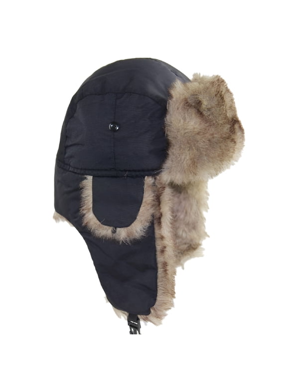 Unisex Fur Lined Trapper Hat, Warm Windproof Winter Russian Hat, Black