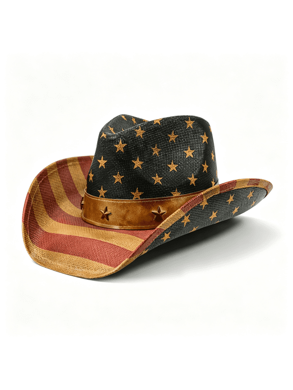 Vintage Usa American Flag Cowboy Hat Classic Tea Stained Patriotic Western Cowgirl Hat with Shapable Brim American Flag Cowboy Hat