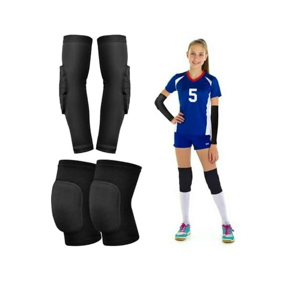 TELOLY Volleyball Knee Pads and Arm Sleeves with Elbow Pads, Volleyball Essentials Accessories with High Protection Volleyball Elbow Pads Knee Pads for Youth Teen Girls and Boys (Black, L, 2 Pairs)