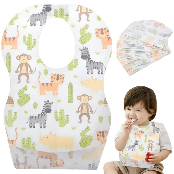 TELOLY Waterproof Disposable Baby Bibs - 20 Pack with Adjustable Tape, Random Pattern Design for Feeding, Travel, and Outdoor Use