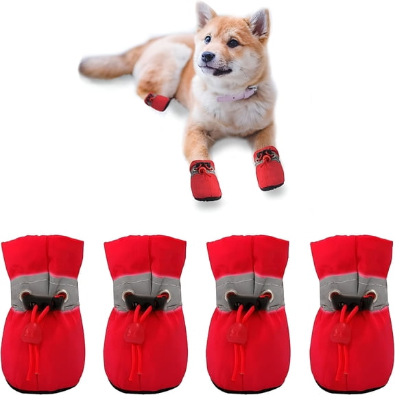 TELOLY Waterproof Dog Shoes for Small Dogs, Anti-Slip Dog Boots & Paw Protector for Snowy Day, Summer Hot Pavement Dog Booties with Reflective Straps, Cat Dog Shoe for Indoor Hardfloors (Red, 7)