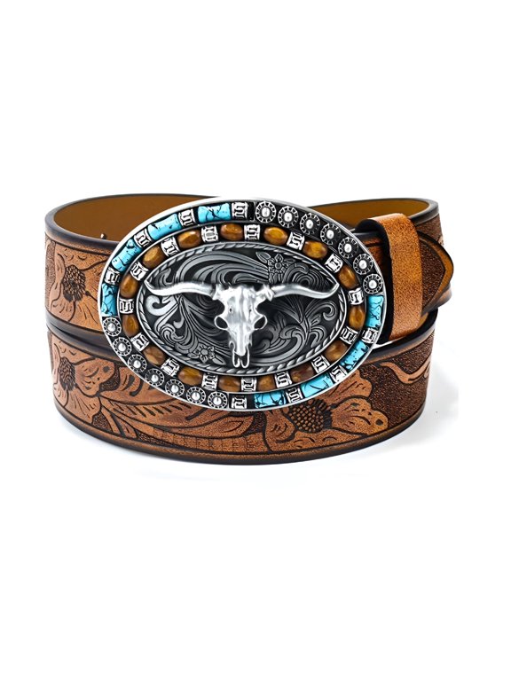 Western Belt for Women Men Cowboys Cowgirls Carving Leather Country Belts Bullhead Buckles