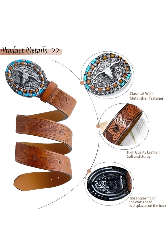 Western Belt for Women Men Cowboys Cowgirls Carving Leather Country Belts Bullhead Buckles