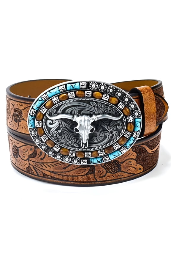 Western Belt for Women Men Cowboys Cowgirls Carving Leather Country Belts Bullhead Buckles
