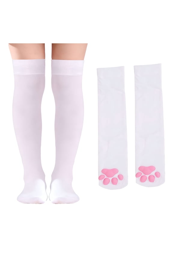 White Cat Paw Thigh High Socks, Cute 3D Toe Bean Kitten Claw Stockings, Soft Over the Knee Hosiery for Women and Girls