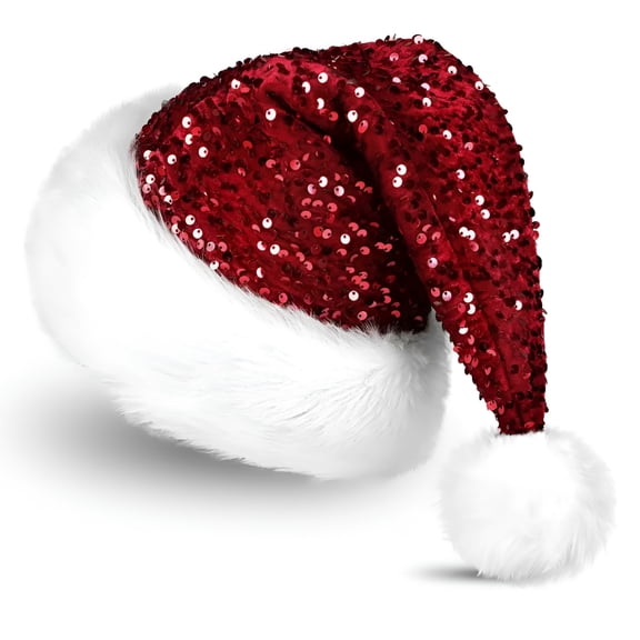 TELOLY Wine Red Christmas Hats for Adults, Personalized Sequin Santa Hat, Christmas & New Year Festive Headwear, Oversized Santa Hat, One Size