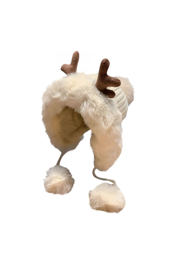 2026 New Winter Cute Reindeer Antlers Beanies Funny Animal Fuzzy Furry Plush Cap Windproof Earflap Skull Hat Christmas Gifts
