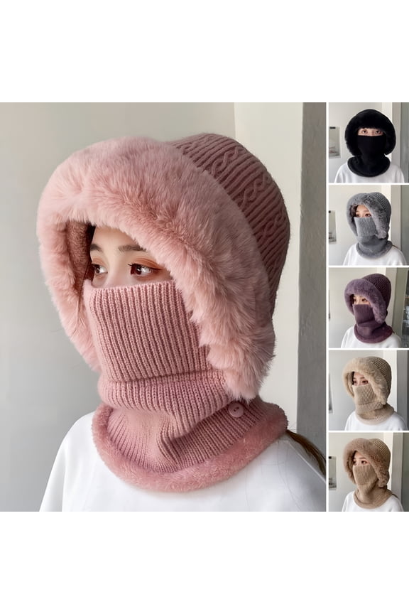 Winter Fleece Hood Ski Mask Knit Hat Face Mask with Faux Fur Thick Balaclava Pullover Knitted Beanie Hat Face Cover Neck Gaiter Warmer Beanie Cap for Outdoor