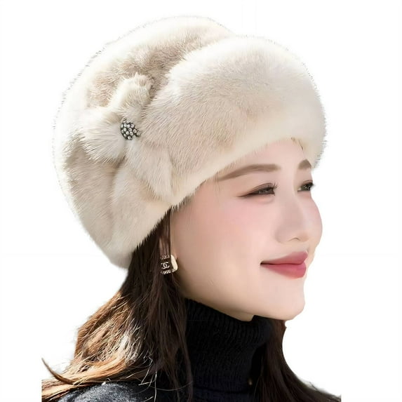 TELOLY Winter Hats for Women,Plush Faux Mink Fur Hat,One Size Fits Most Beret Hats for Women,Khaki