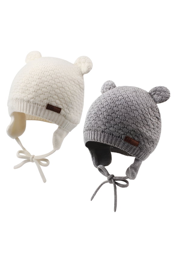 Winter Knitted Infant Beanie Baby Girls Boys Earflap Hat Cute Bear Ears Hats for Toddler Boy (White+Gray,M)