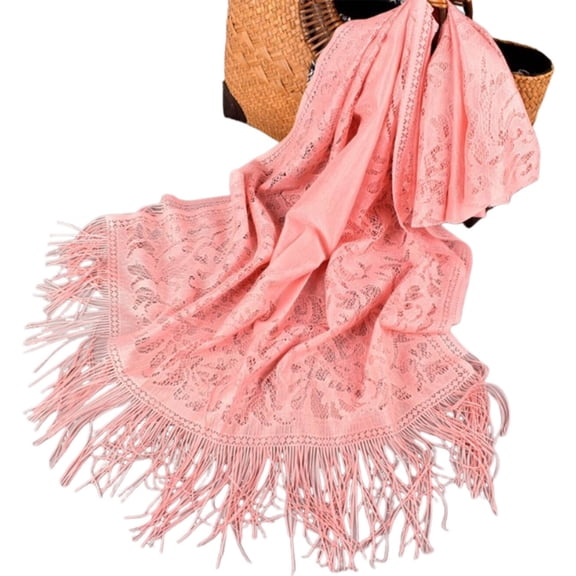 TELOLY Winter Scarf,Polyester Material Scarf,Simple Solid Design with Elegant Lace Head Scarf,Pink