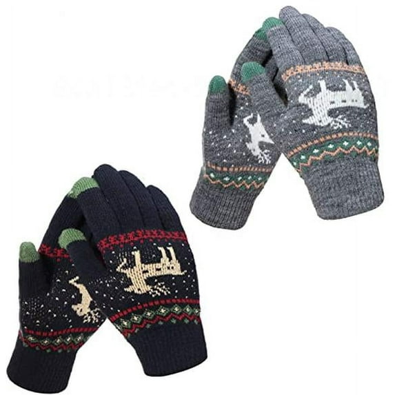 TELOLY 2 Pairs Winter Touch Screen Gloves Deer Fleece Lining Texting Cozy Mittens Warm Knitted Christmas Stocking Stuffers for Women Men