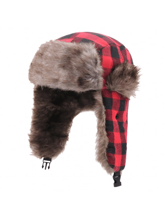Winter Trapper Hat - Russian Ushanka Trooper Aviator Hats for Men & Women - Snow Hat with Ear Flaps for Cold Weather, Black Red