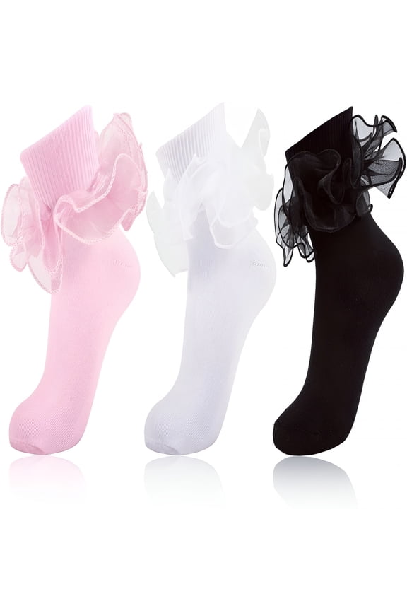 Women Big Ruffle Ankle Socks,Adult Double Lace Turn Cuff Cotton Frilly Dress Socks