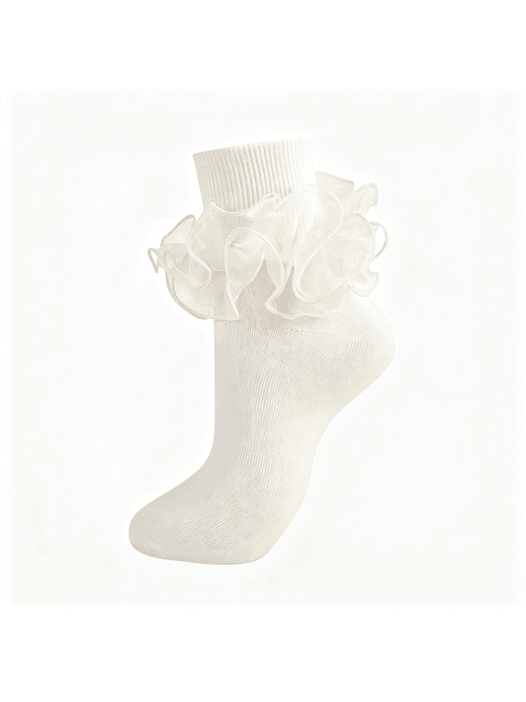 Women Big Ruffle Socks Adult Lace Frilly Turn Cuff Dress Socks | 1 Pair Womens Cute Cotton Large Ruffled Ankle Socks for Ladies Big Girls Fancy Vintage 50S 80S Church Party Bobby Crew Socks