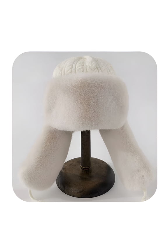 Women Cable Knitted Trapper Hat with Faux Fur Earflaps Winter Thick Warm Russian Ushanka Aviator Caps