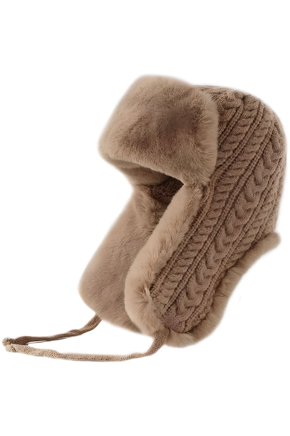 Women Cable Knitted Trapper Hat with Faux Fur Earflaps Winter Thick Warm Ushanka Aviator Caps