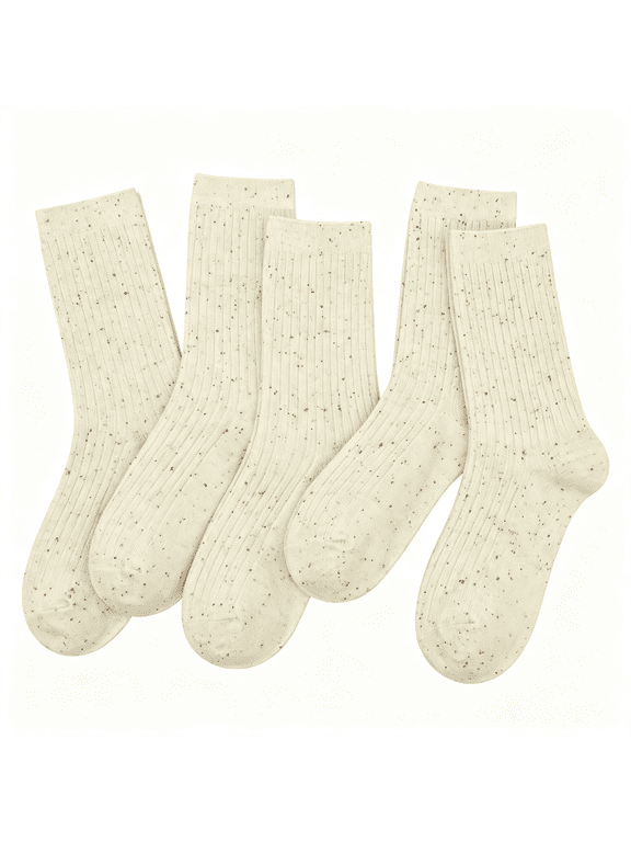 Women Cotton Crew Socks Rib Retro Casual Thin Cute Knit Comfy Breathable Dress Socks for Ladies Off White Crew Socks 5 Pairs