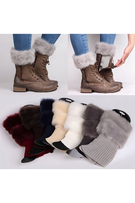 Women Faux Fur Trim Boot Cuffs Socks Crochet Knitting Short Leg Warmers