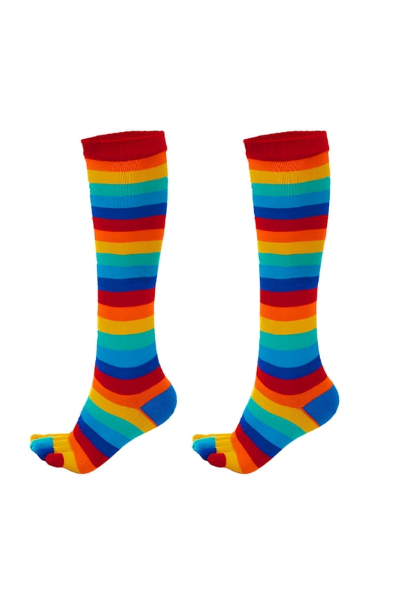 Women Girls Split Toe 5 Finger Calf Socks Rainbow Colorful Striped Clover Printed Breathable Cotton High Tube Hosiery