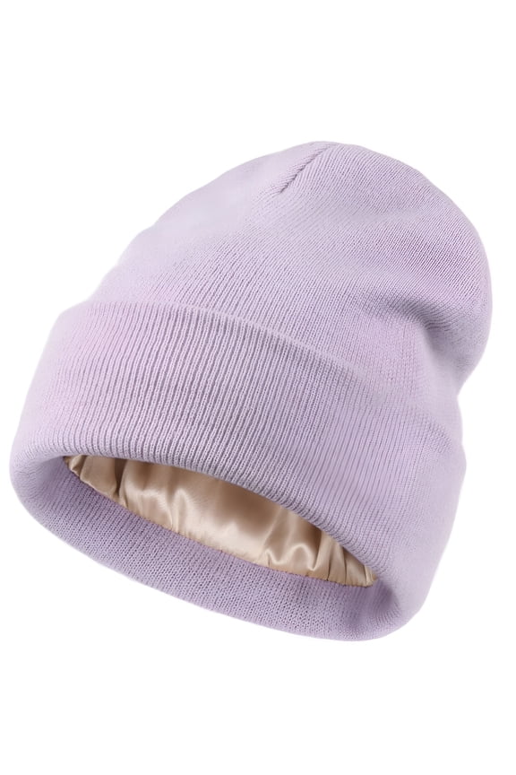 Women Knit Beanie Hat Acrylic Winter Hats Silk Lining Soft Slouchy Warm Cuffed Beanie Hat Lavender Purple