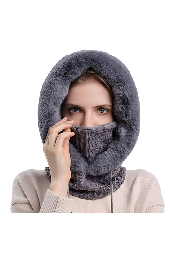 Women Knitted Hood Ski Mask Faux Fur Scarf Neck Warmer Fleece Lined Hood Face Cover Adult Balaclava for Outdoor Sports Fleece Balaclava