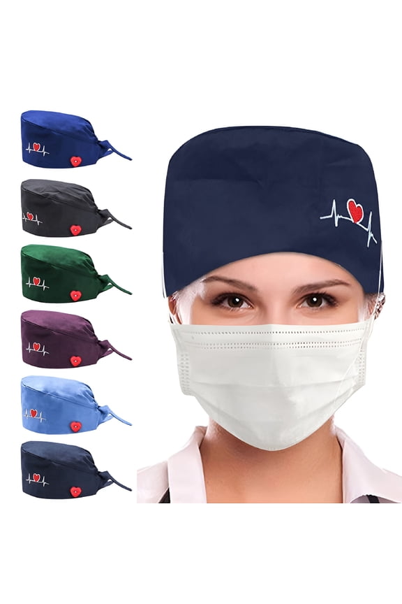 Women Men Unisex Surgical Scrub Cap ECG Embroidery Heart Doctor Nurse Hospital Bouffant Hat Adjustable Head Cover with Buttons