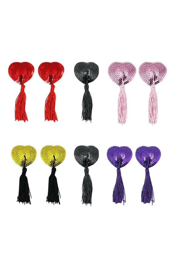 Women Reusable Sexy Breast Pasties Nipple Stickers Cover Adhesive Heart-Shaped Breast Bra with Sequins Tassel （A pair）