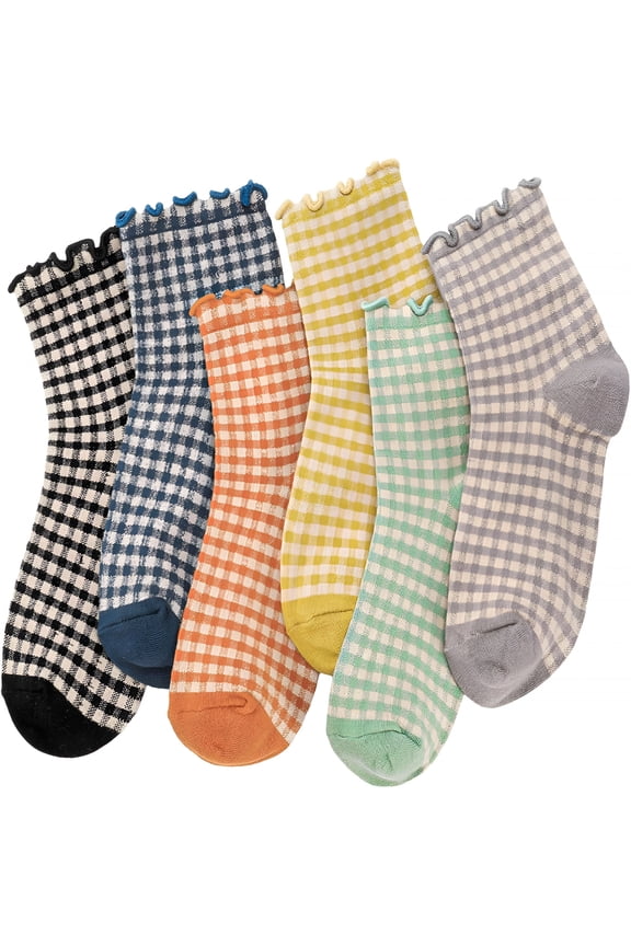 Women Ruffle Striped Frilly Socks,6/10 Pairs Checkered Ankle Sock for Women,Cotton Casual Crew Socks Size 5-9