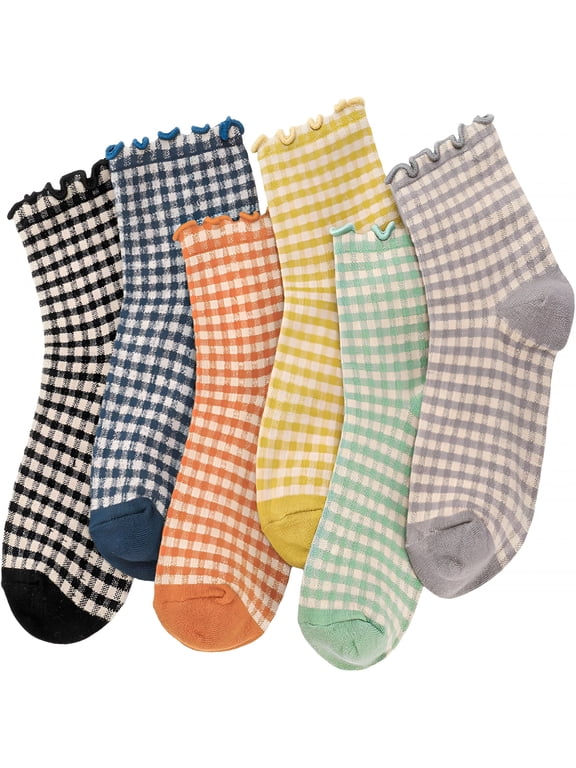 Women Ruffle Striped Frilly Socks,6/10 Pairs Checkered Ankle Sock for Women,Cotton Casual Crew Socks Size 5-9
