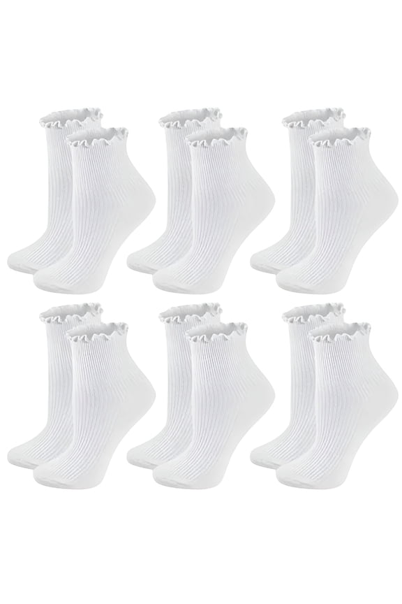 Women Ruffled Ankle Socks 6 Pack, Breathable Double Knit Cotton Frilly Socks, Cute Solid Color Crew Socks for Mary Jane Shoes, Casual, School, Office, Party, Size 5-9