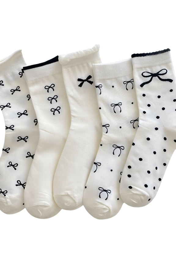 Women'S 5 Pairs Boho Bow Embroidered Mid Calf Sock Cute Ruffle Athletic Running Crew Socks