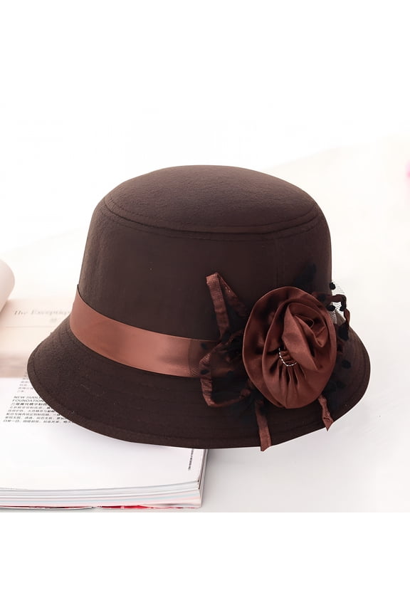 Women'S Casual Dress Hat,Retro British Style Wool Wide Brim Cloche Hat with Flower Decoration,Autumn Winter Fashion Hat for Formal Occasions and Daily Wear,Elegant Vintage Inspired Design