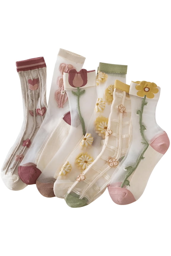 Women'S Floral Sheer Sock See Through Mid Calf Socks Summer Thin Mesh Socks