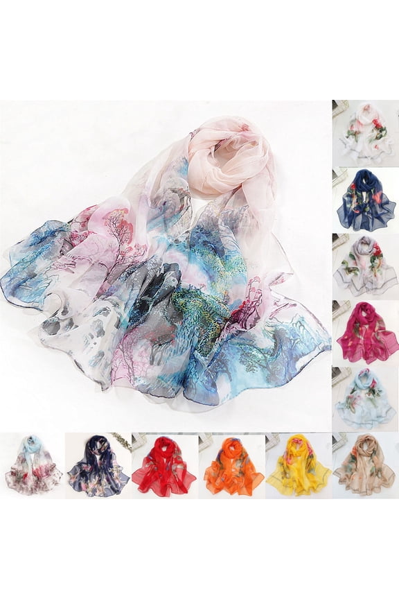 Women'S Lightweight Chiffon Scarf,Floral Print Shawl Wrap for Spring Summer,Sheer Beige L2