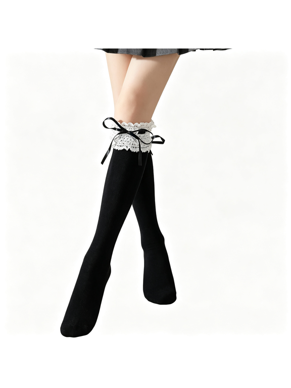Women'S Self-Tie Bow Knee High Socks, Lace Cotton Black Frilly Socks