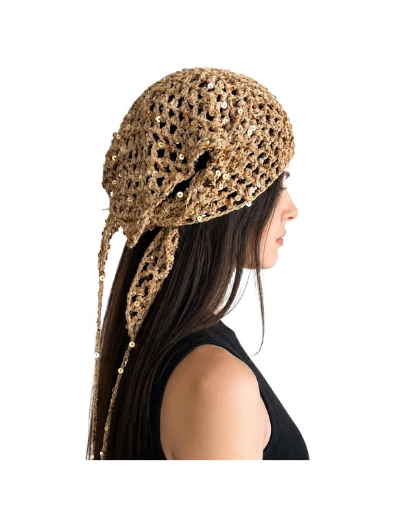 WomenS Sequin Crochet Bandana Head Scarf Triangle Hair Wrap Tie Back Head Kerchief for Party Beach Festival Style Crochet Head Scarf