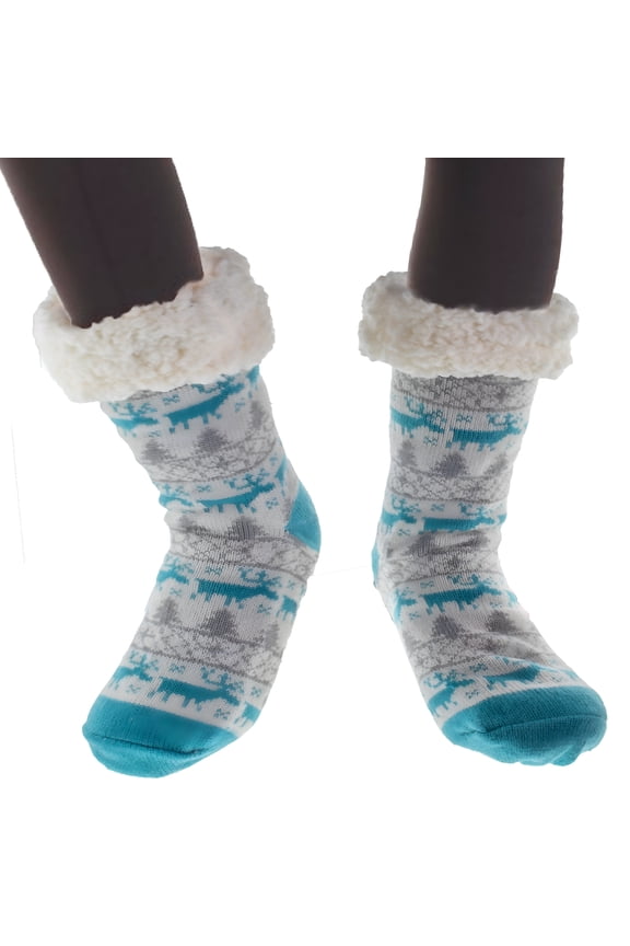 Women'S Thermal Sherpa Slipper Socks (2 Pairs) - Plush Fleece, Warm & Toasty Footwear for Cold Winter Weather Non-Skid Gripper Bottom, for Cozy Indoor Nights & Holidays - Grey Turquoise