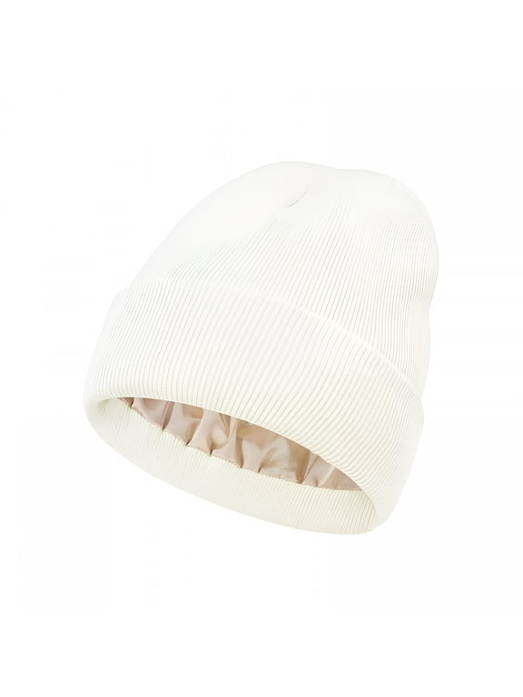 Women Satin Lined Knit Beanie Hat Winter Hats for Women Men Silk Lining Soft Slouchy Warm Cuffed Beanie Hat (White)