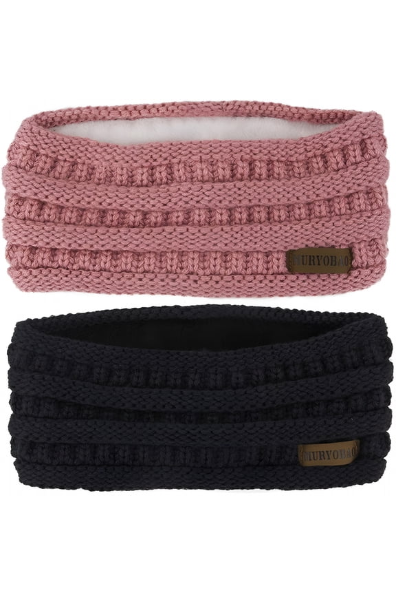 Women Winter Ear Warmer Headband Cable Knit Fuzzy Fleece Lined Wrap Stretchy Thick Headband Black & Pink