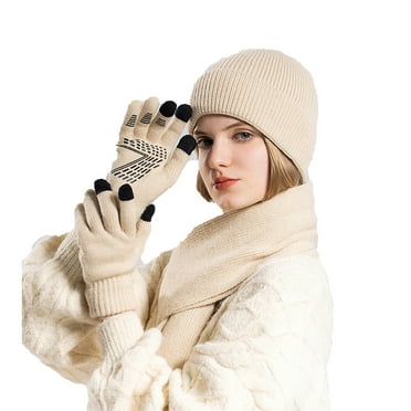 TELOLY Women Winter Hat,Tightly Knitted Brim Three-piece set Womens Hats,Women Warm Chunky Soft Knit Skull Cap for Skiing,Beige
