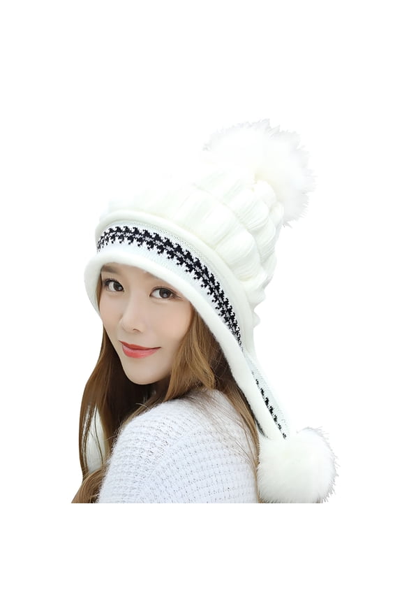 Women Winter Knitted Beanie Hat with Pompoms Ski Snow Ear Flaps Sherpa Knit Thick Warm Soft Hats Windproof for Cold Weather Beanie for Women White One Size