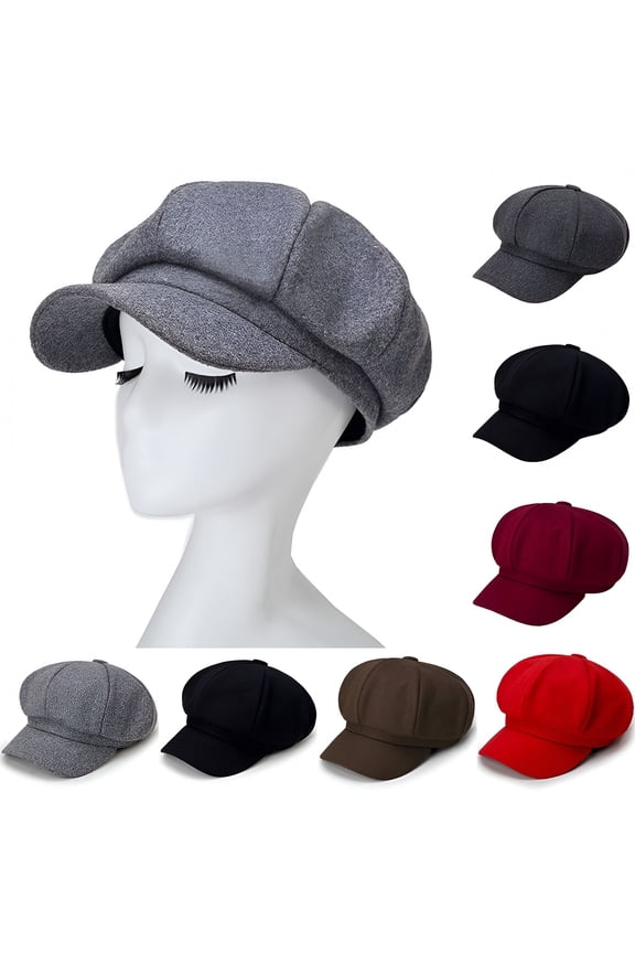 Women Woolen Newsboy Cap Adjustable Visor Beret Hats Soft Vintage Cabbie Hat Octagonal Cap for Women Girls