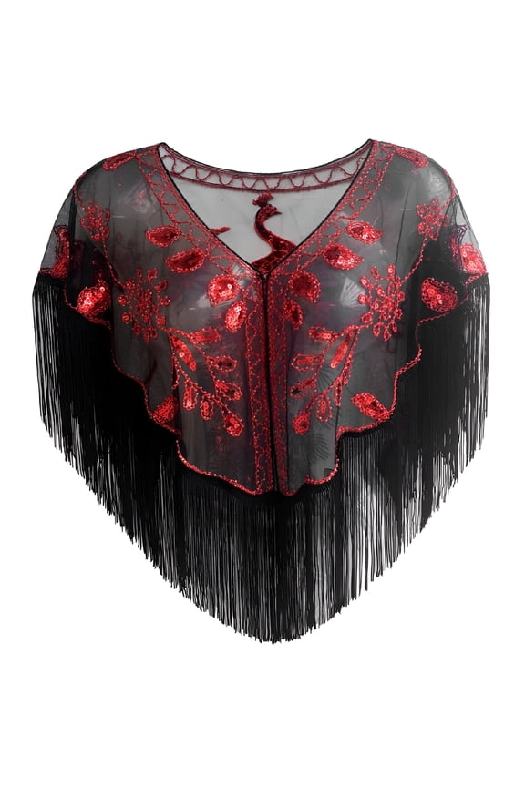 Women's 1920s Sequin Shawl with Peacock Pattern Retro Mesh Evening Wrap Cape for Gatsby Party, Wedding, Prom, Cocktail Dress