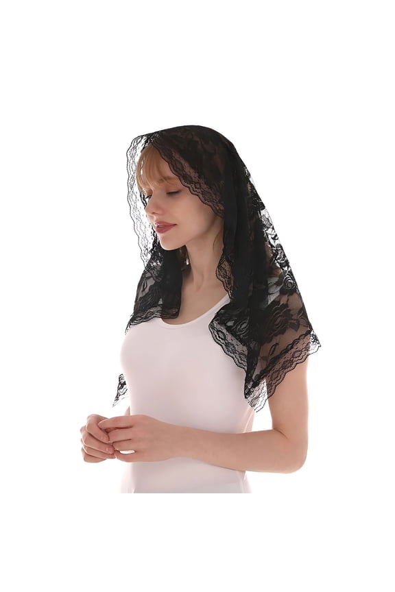 Women's Floral Lace Veils Lace Mantilla Catholic Short Scarf Church Bridal Veils Head Covering Latin Mass Black One Size