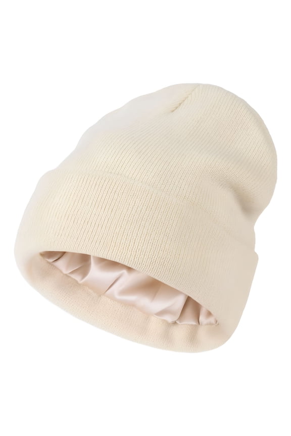 Women's Satin Lined Knit Beanie Hat Acrylic Winter Hats for Women Men Silk Lining Soft Slouchy Warm Cuffed Beanie Hat Beige