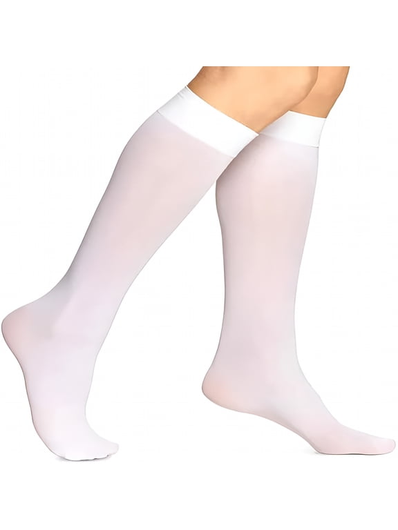 Women's Sheer Knee High Stockings, 20 Denier White Hosiery with Spandex, Stretchy Dress Socks for Office and Formal Wear