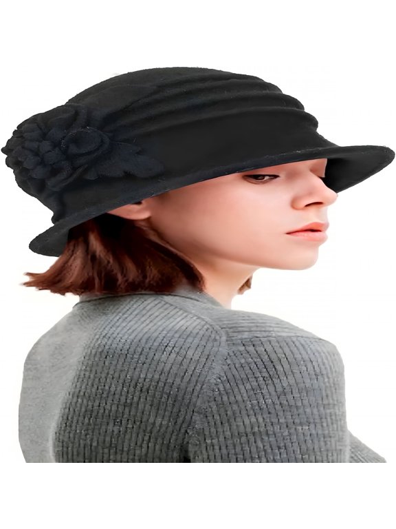 Womens Vintage Cloche Hat - 1920s Inspired Wool Bucket Hat,Crushable Winter Hat for Derby,Floppy Hats for Women,Black